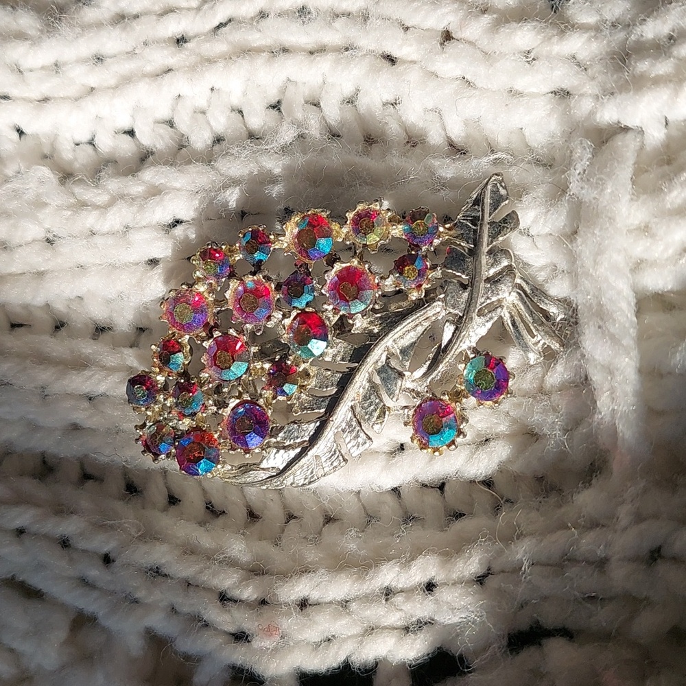 Coco Aurora Borealis Silver Leaf/Feather Statement Brooch